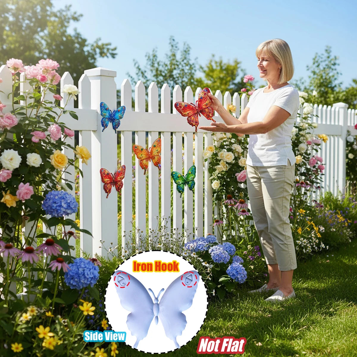 4PCS Vibrant Metal Butterfly Wall Art Decor, Rust-Resistant Outdoor Sculpture with Tool-Free Hook for Garden, Yard, Patio, Fence