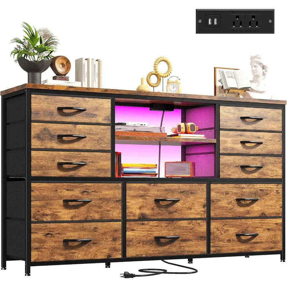 LED Light and Power Outlet Dresser TV Stand With Drawers
