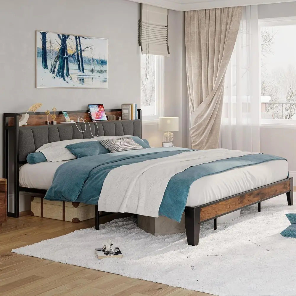 California King Bed Frames, Storage Headboard with Charging Station, Solid and Stable, Noise Free, No Box Spring Needed, Easy As