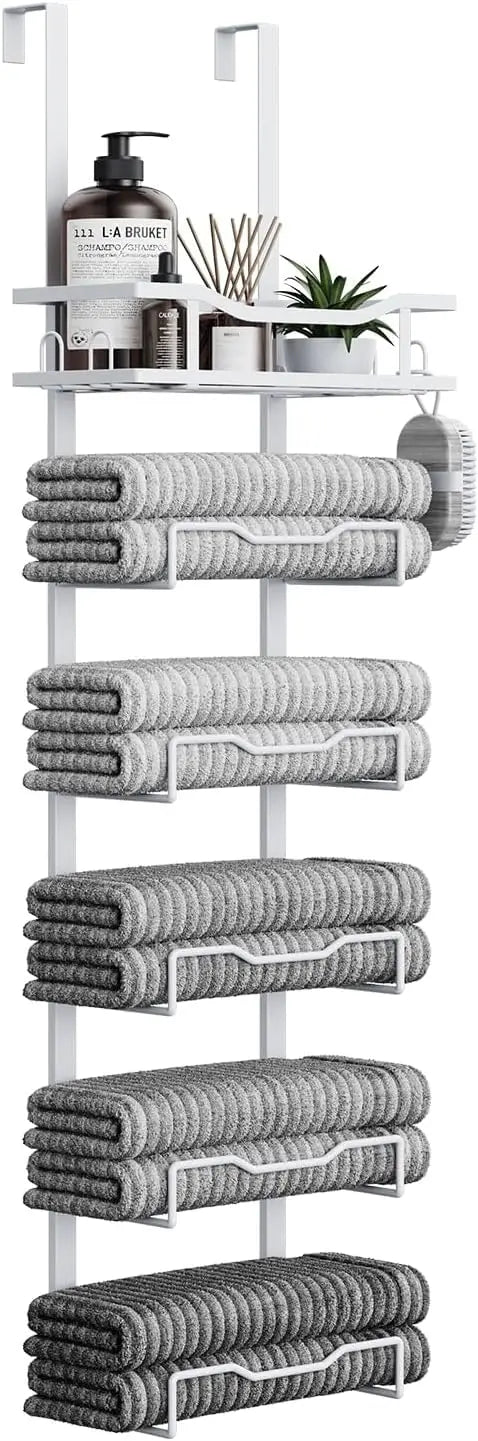 Hanging Towel Racks For Bathroom No Drill - 6-Tier Over The Door Bath Towel Storage Organizer For Small Bathrooms - Tiered Back