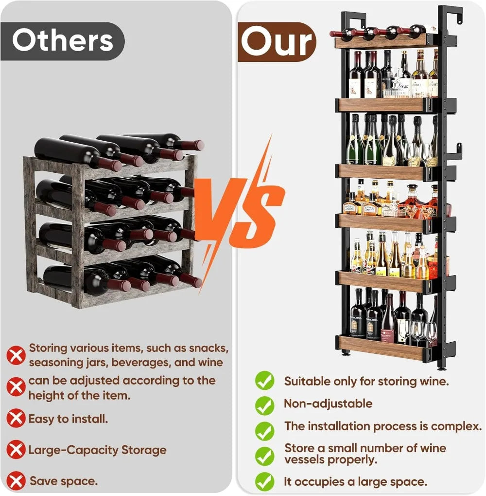 6-Tier Wall Mounted Wine Rack With Metal And Wood Shelves