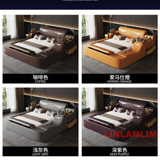 All In One Bed, Luxury Upholstered Platform Bed Frame with Storage, Speaker,LED Light & USB, Genuine Leather Bed King/Queen Size