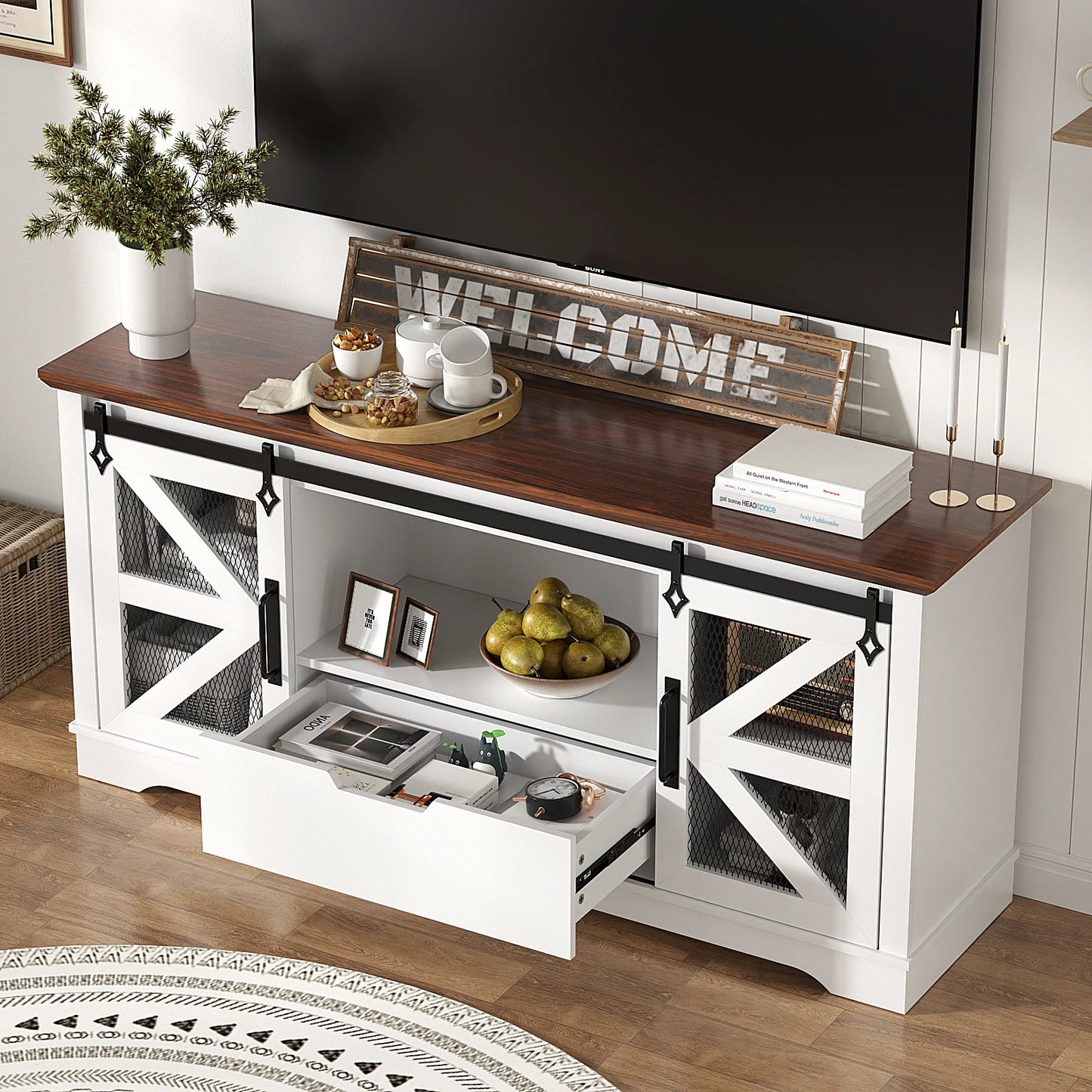 Modern TV Stand For 60 Inch TVs With 1 Drawer 2 Cabinets