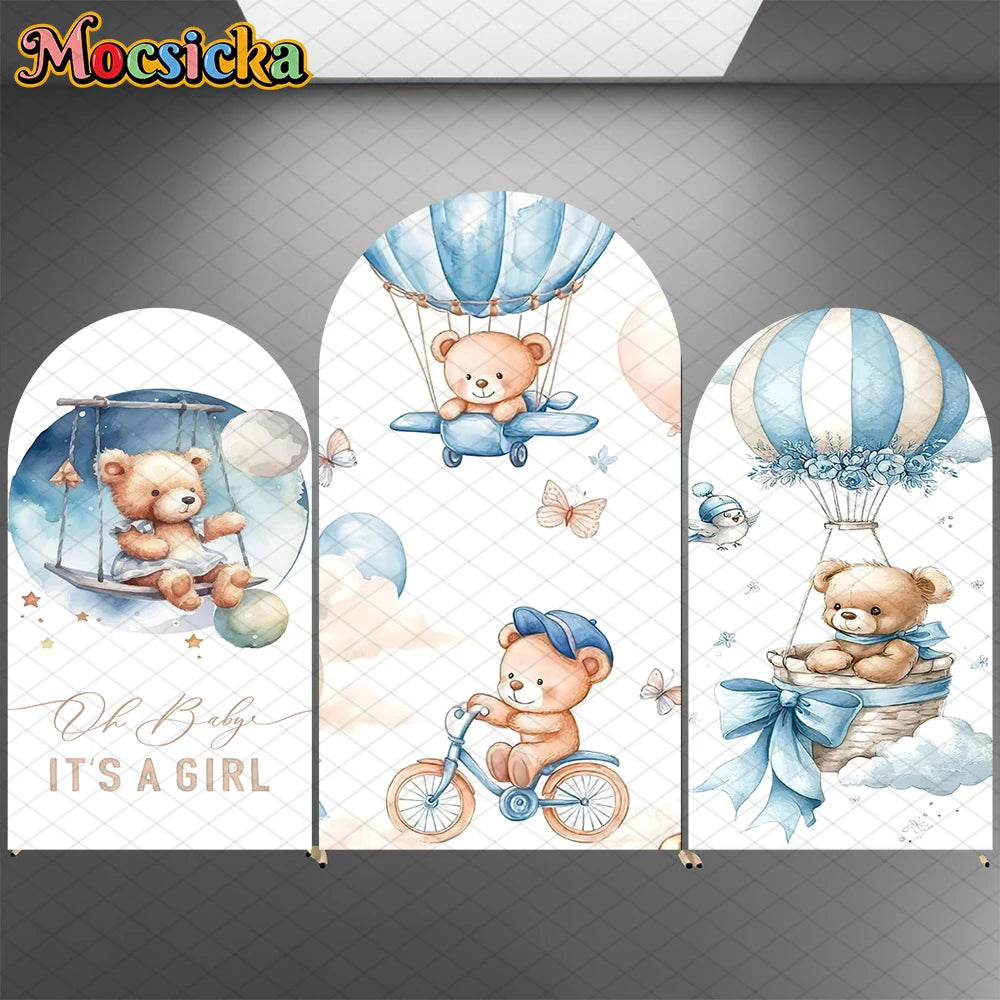 Mocsicka Bear Arch Backdrop Cover Baby Shower Birthday Party Arched Background Props Hot Air Balloon Pattern Art Decor Photocall