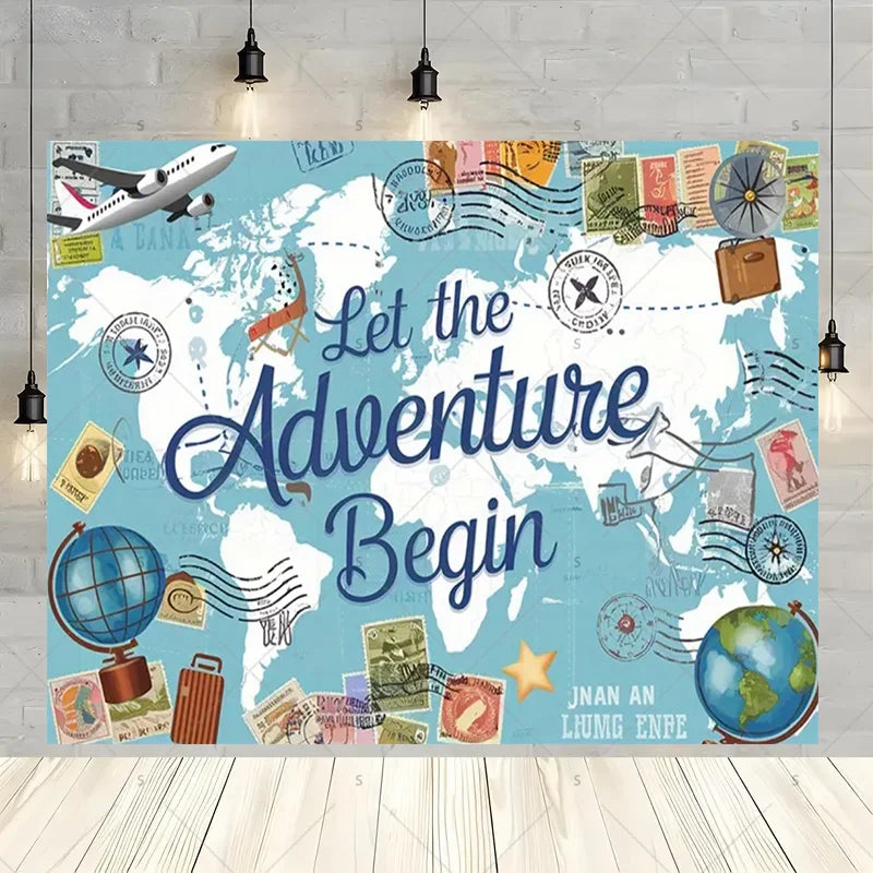 Let The Adventure Begin World Airplane Graduation Backdrop