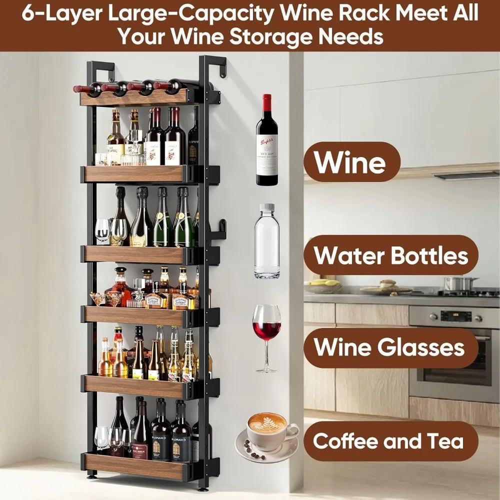 6-Tier Wall Mounted Wine Rack With Metal And Wood Shelves
